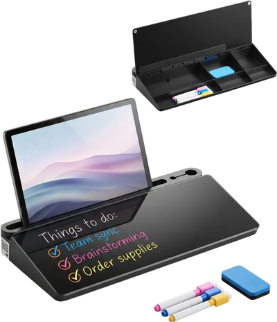 VEVOR Desktop Glass Dry Erase Board 15.8 x 7.1 x 1.9 in Desk Whiteboard, Compartment Storage, Non-Slip Bottom, Ergonomic Angled Design, Desktop Organizer for Office, Home, School Supplies, Black