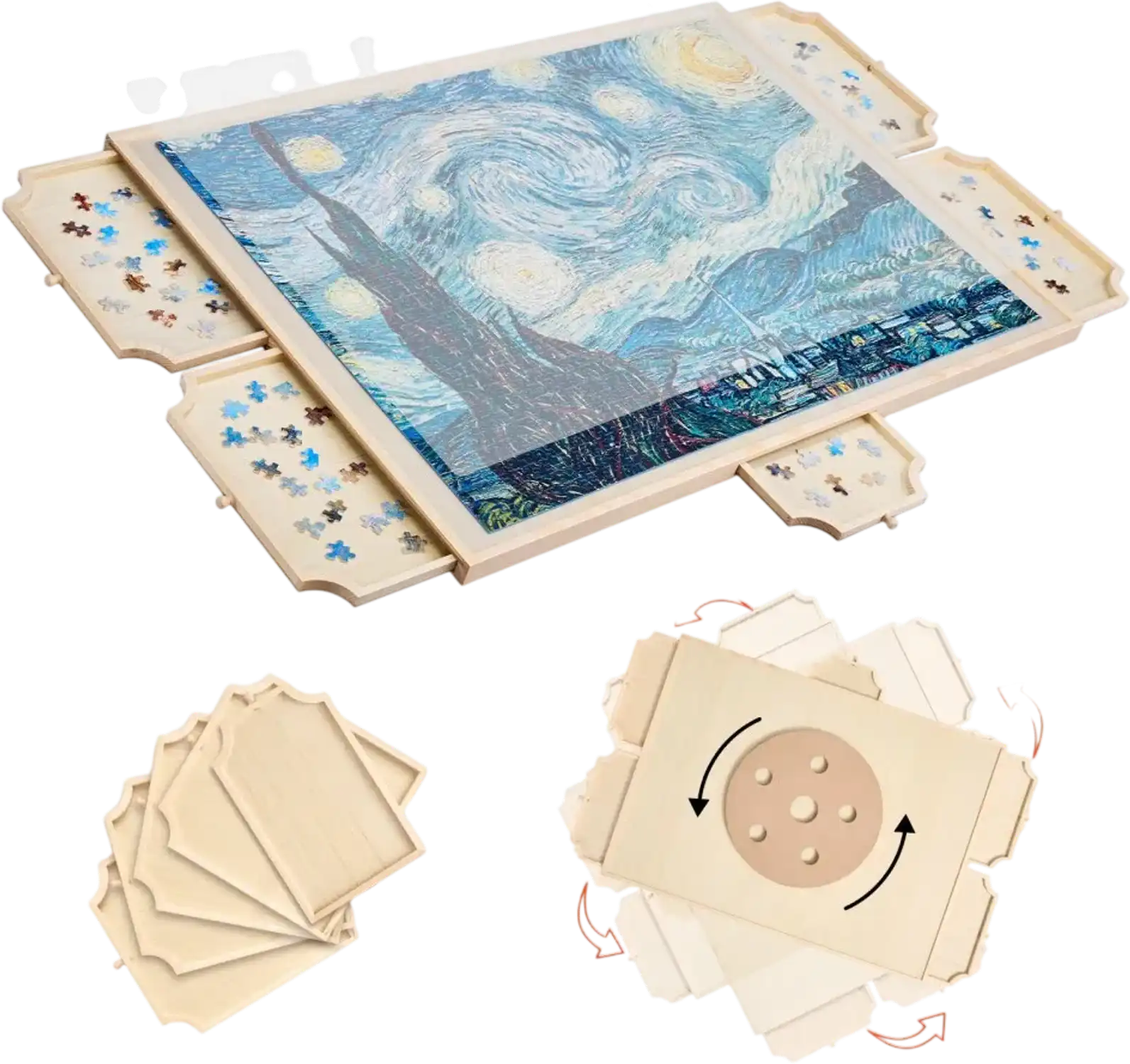 Vevor Puzzle Board Rotating 1500-Piece Wooden Puzzle Board with 5 Drawers & Cover New