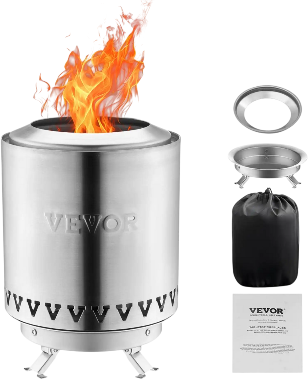 VEVOR Tabletop Fire Pit,6 inch Stainless Steel Tabletop Fireplace Indoor Outdoor,Portable Rubbing Alcohol Burner Smores Maker,Wood Burning or Pellet Fueled for Camping,Patio,Cylinder Silver 1.96 lbs