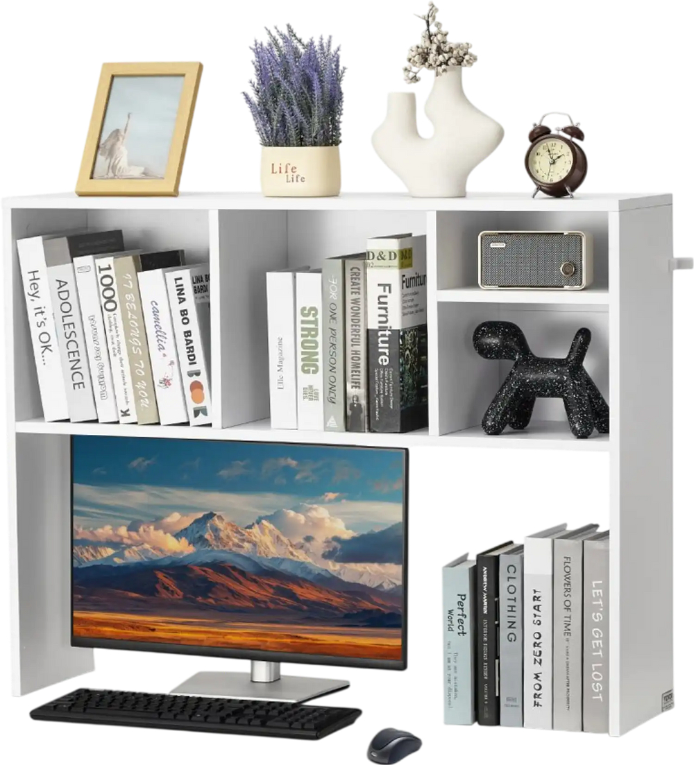 VEVOR Desktop Bookshelf, 1-Tier Desktop Storage Organizer, 37" x 9.4" x 28.7" Office Storage Rack Wood Display Shelf, Desktop Bookshelf Hutch with Anti-Slip Feet Pads, for Office, Home & Dorm, White