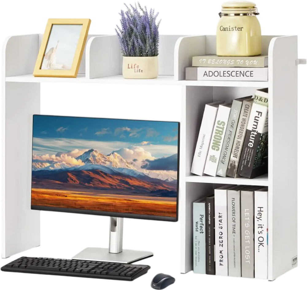 VEVOR Desktop Bookshelf, 2-Tier Desktop Storage Organizer, 37.2" x 9.5" x 28.9" Office Storage Rack Wood Display Shelf, Desktop Bookshelf Hutch with Anti-Slip Feet Pads, for Office, Home & Dorm, White
