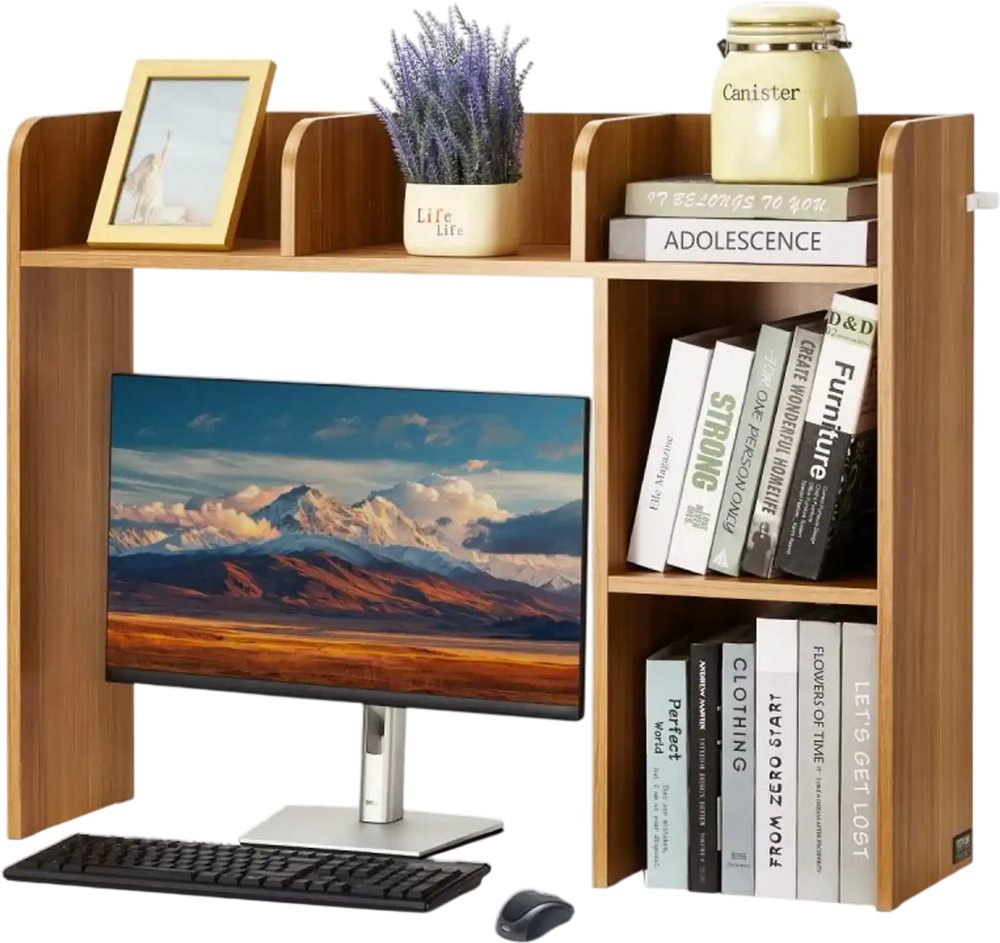 VEVOR Desktop Bookshelf, 2-Tier Wood Desktop Storage Organizer, 37.2" x 9.5" x 28.9" Office Storage Rack Wood Display Shelf, Desktop Bookshelf Hutch with Anti-Slip Feet Pads, for Office, Home & Dorm