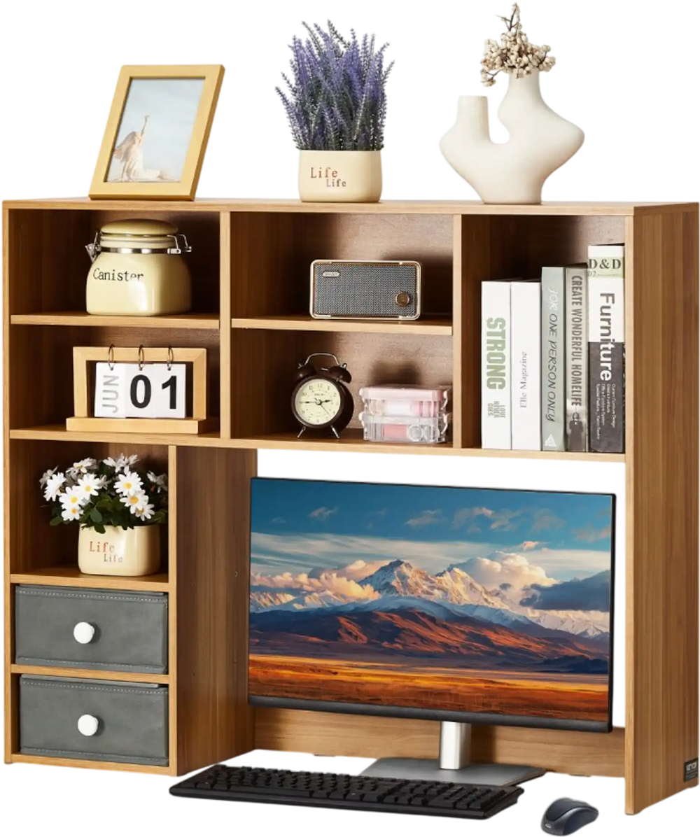 VEVOR Desktop Bookshelf, 3-Tier Wood Desktop Storage Organizer, 37" x 10" x 31.1" Office Storage Rack Wood Display Shelf, Desktop Bookshelf Hutch with Two Fabric Drawers, for Office, Home & Dorm