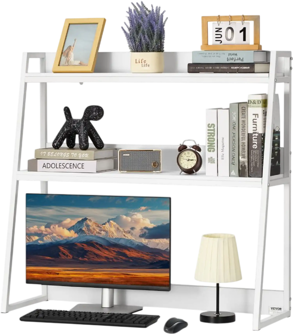 VEVOR Desktop Bookshelf, 2-Tier Desktop Storage Organizer, 37.4" x 12.6" x 35.4" Office Desk Storage Rack Display Shelf, Desktop Bookshelf Hutch with Anti-Slip Feet Pads, for Office, Home & Dorm, White