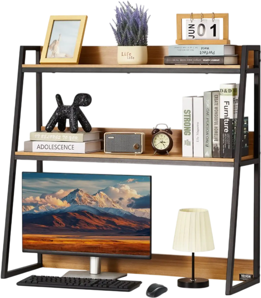 VEVOR Desktop Bookshelf, 2-Tier Desktop Storage Organizer, 37.4" x 12.6" x 35.4" Office Storage Rack Wood Color Display Shelf, Desktop Bookshelf Hutch with Anti-Slip Feet Pads, for Office, Home & Dorm