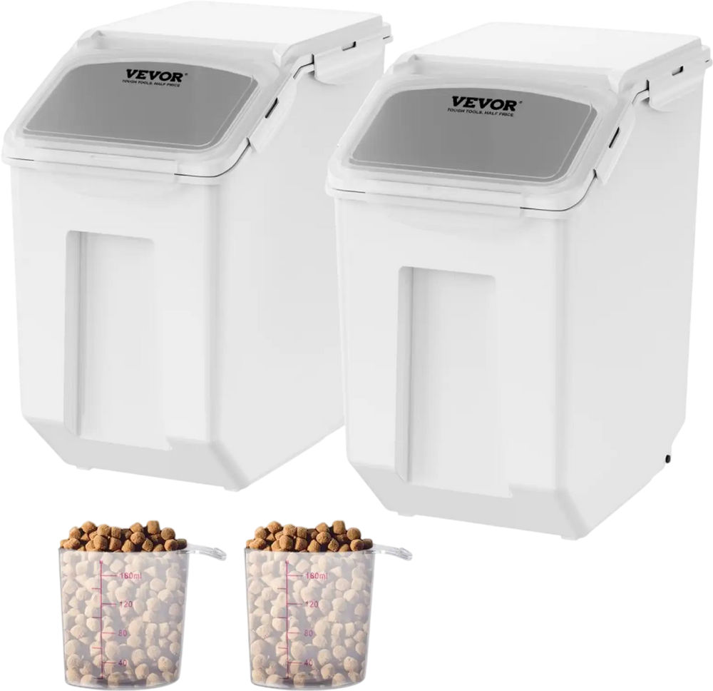 VEVOR Ingredient Storage Bin, 2 x 15L Dispenser Bin with 2 Measuring Cups, Attachable Casters and Airtight Lid, 2 Pcs/Set Dog Pet Food Storage Container, PP Material Kitchen Rice Cereal Flour Bin