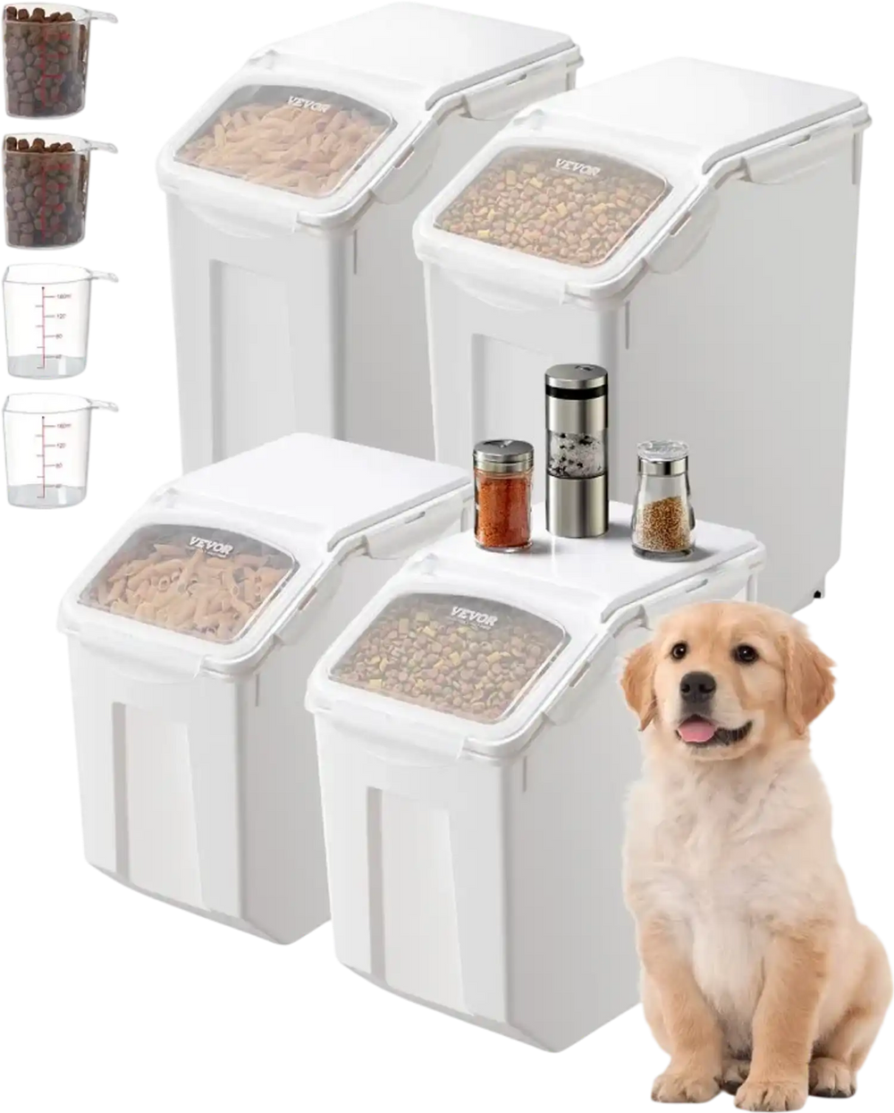 VEVOR Rice Storage Container, 3.5Gal/15Lx2 + 4.5Gal/20Lx2 Large Dog Food Dispenser Bin, Kitchen Ingredient Grain Cereal Bin, Pet food Containers with Wheels, 4 Measuring Cups, Airtight Lid, 4 Pack