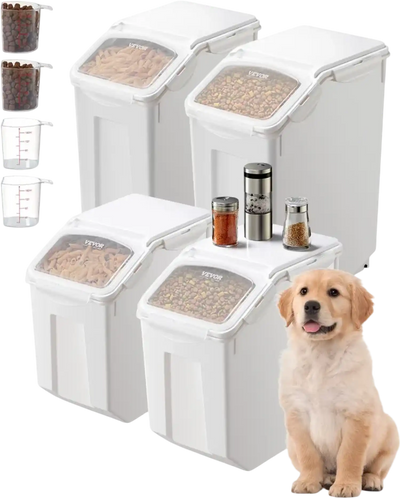 VEVOR Rice Storage Container, 3.5Gal/15Lx2 + 4.5Gal/20Lx2 Large Dog Food Dispenser Bin, Kitchen Ingredient Grain Cereal Bin, Pet food Containers with Wheels, 4 Measuring Cups, Airtight Lid, 4 Pack