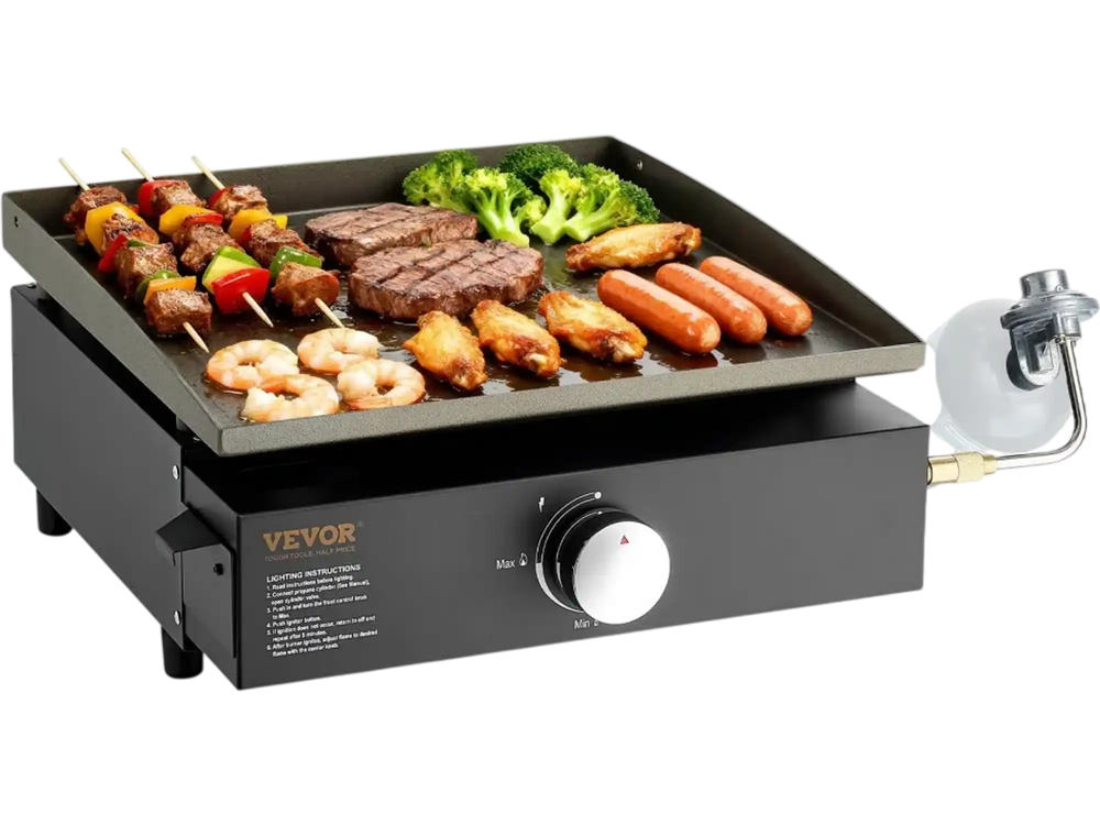 VEVOR Commercial Griddle, 16.9" Heavy Duty Manual Flat Top Griddle, Countertop Gas Grill with Non-Stick Cooking Plate, Steel Natural Gas Griddle, 2-Burners Restaurant Portable Grill -  22,000 BTU