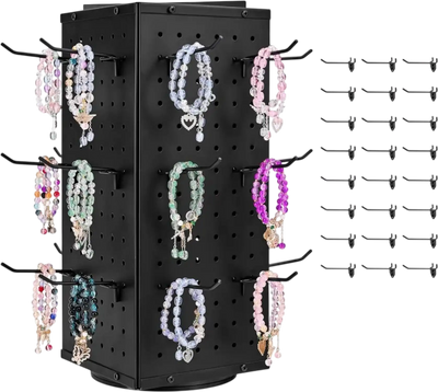 VEVOR Rotating Pegboard Display Stand, 7.4 x 7.4 x 17 in 4-Sided Spinning Peg Board Display with 24 Hooks, Thickened Cold-Rolled Steel Craft Rack Organizer for Grocery Retail Store Jewelry Shop, Black
