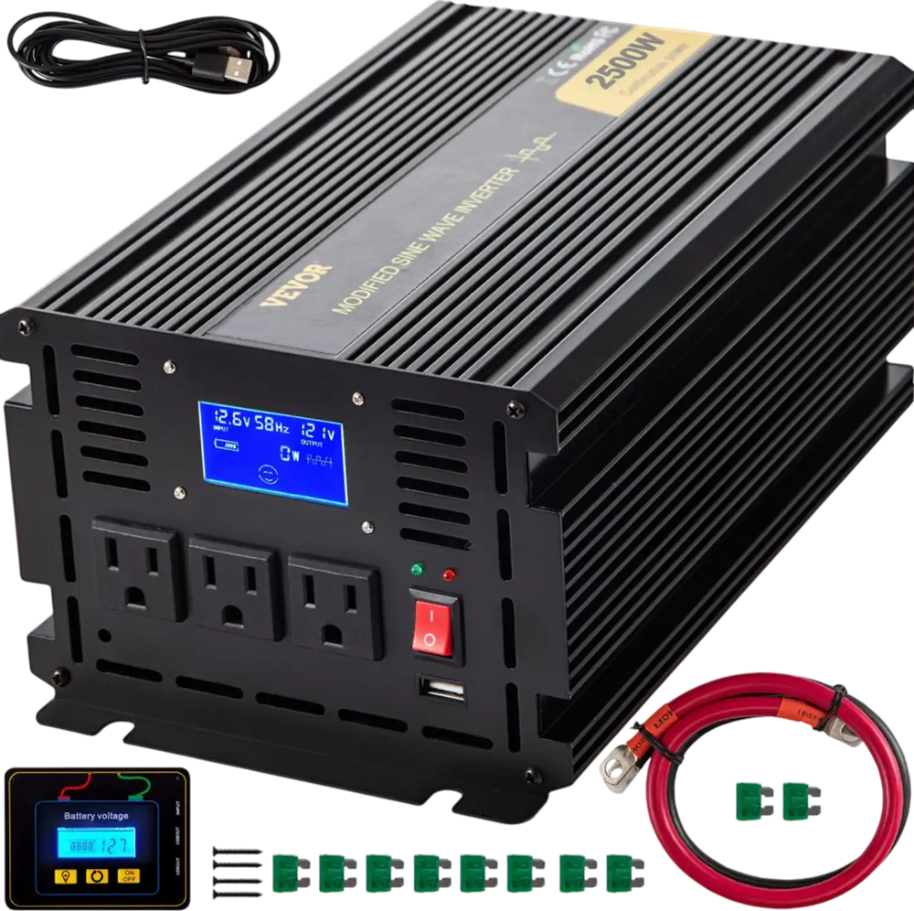 VEVOR Power Inverter, 2500W Modified Sine Wave Inverter, DC 12V to AC 120V Car Converter, with LCD Display, Remote Controller, LED Indicator, AC Outlets Inverter for Truck RV Car Boat Travel Camping