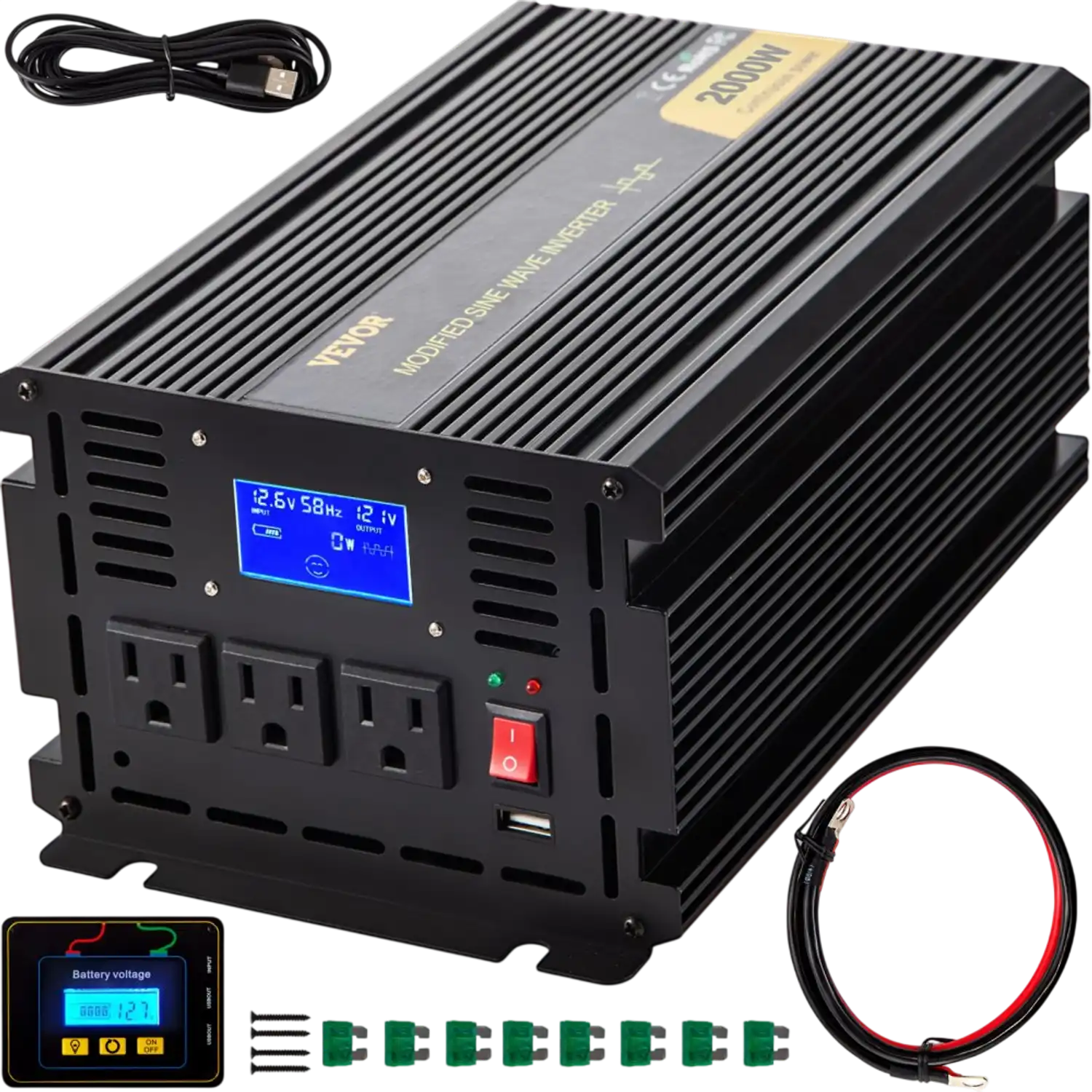 Vevor Power Inverter 2000W Modified Sine Wave DC 12V to AC 120V with LCD Display Remote Controller New