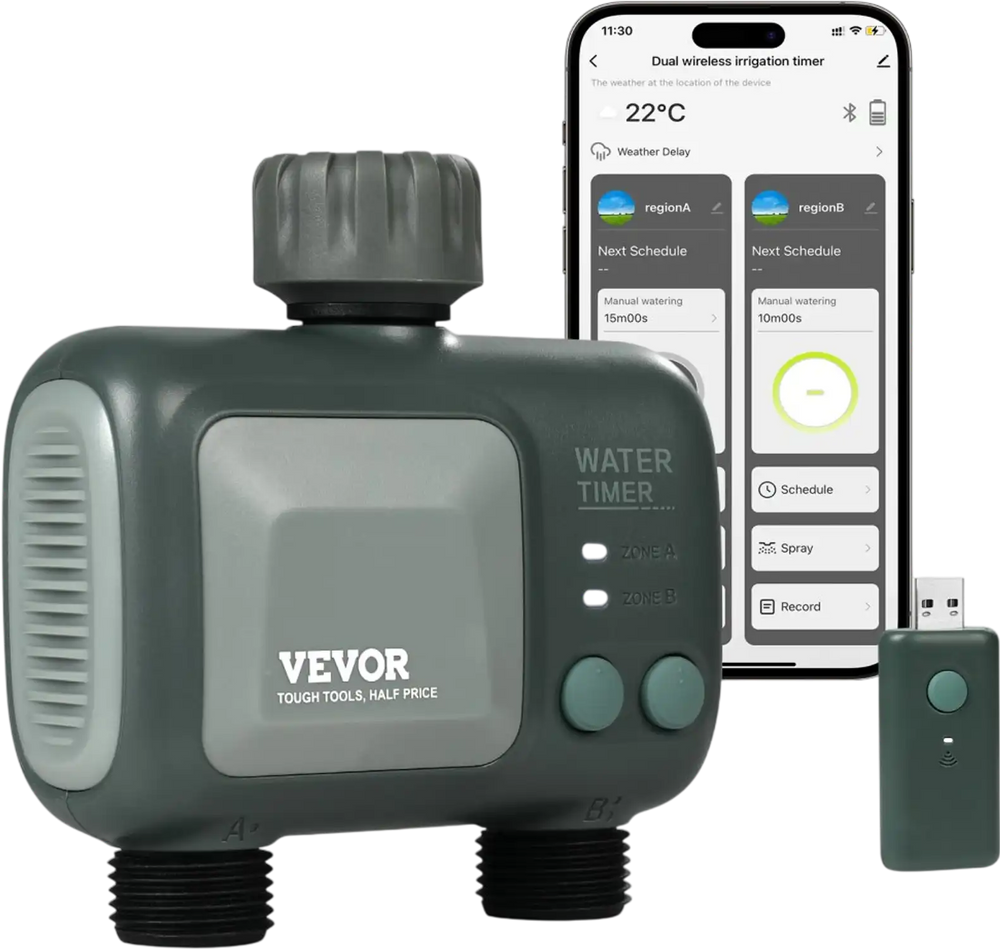 VEVOR WiFi Sprinkler Timer, 2 Outlets, Smart Hose Faucet Water Timer with Brass Inlet, APP Control via 2.4Ghz WiFi or Bluetooth, Voice Control with Alexa and Google Assistant, IPX6 for Yard Watering