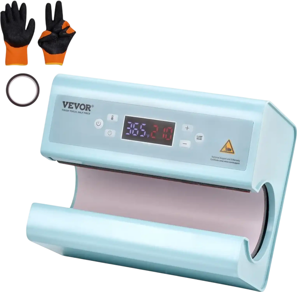 VEVOR Auto Tumbler Heat Press Machine, Mug Heat Press for 11-30oz Sublimation Tumblers, Heat Up Fast and Even, Tumbler Press with Tape and Glove, Temp and Time Setting, for Tumblers, Cups, Mugs, Blue