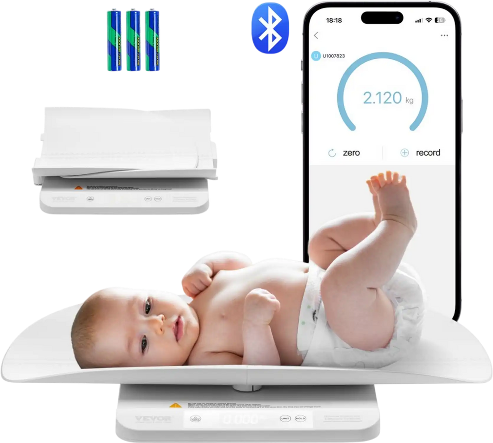 VEVOR Baby Scale, Smart Bluetooth Infant Weight Scale, 2-in-1 Digital Baby Scale for Weighing with Detachable Tray, Hold & Tare Function, 5 Units for Toddler, Pet, 66LBS Capacity (3 x Battery Include)