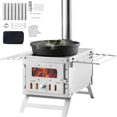 VEVOR Wood Stove, 80 inch, Stainless Steel Camping Tent Stove, Portable Wood Burning Stove with Chimney Pipes & Gloves, 700in³Firebox Hot Tent Stove for Outdoor Cooking and Heating with 8 Pipes