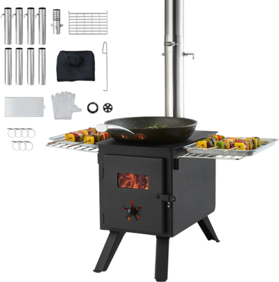 VEVOR Wood Stove, 86 inch, Alloy Steel Camping Tent Stove, Portable Wood Burning Stove with Chimney Pipes & Gloves, 1400in³Firebox Hot Tent Stove for Outdoor Cooking and Heating with 8 Pipes