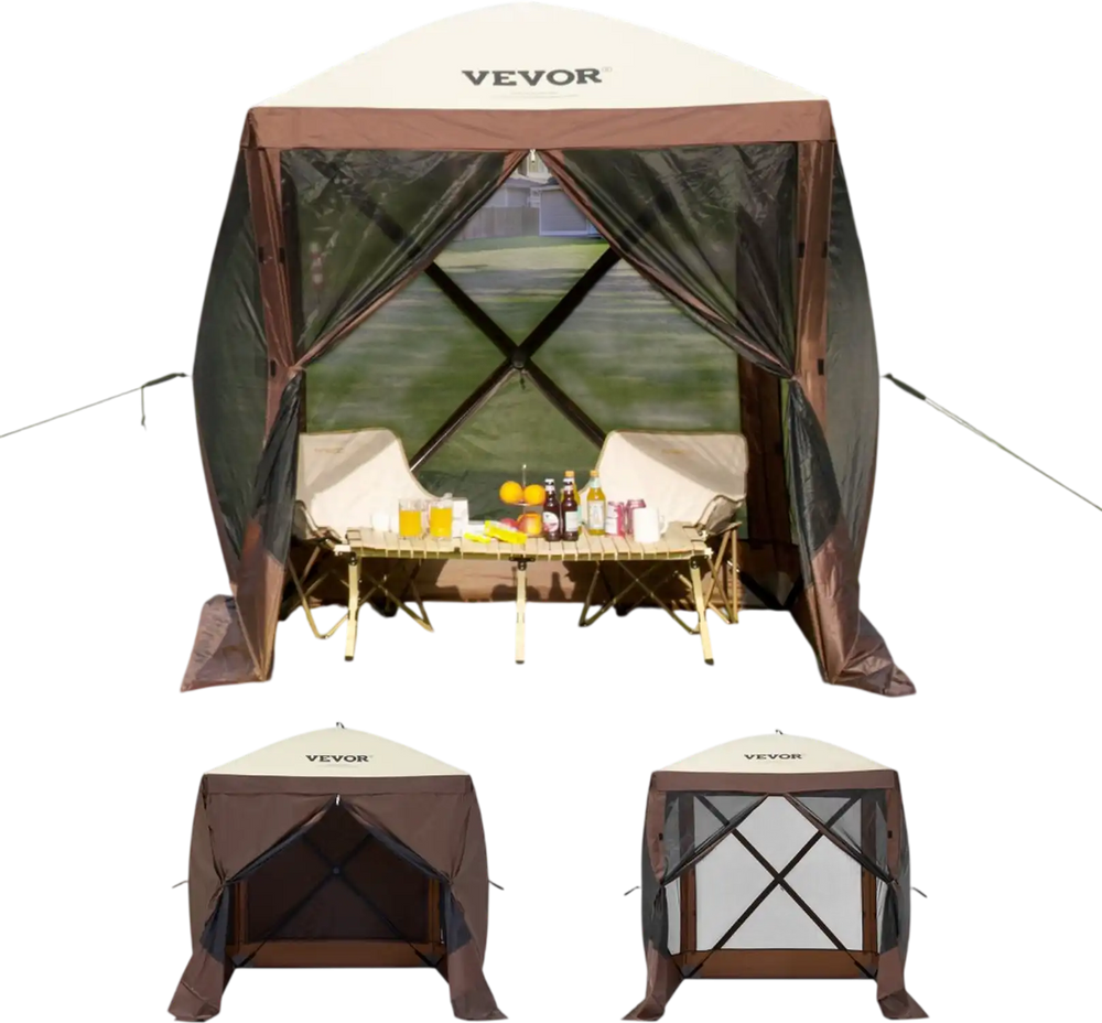 VEVOR Pop Up Gazebo Tent, Pop-Up Screen Tent 4 Sided Canopy Sun Shelter with 4 Removable Privacy Wind Cloths & Mesh Windows, 6x6FT Quick Set Screen Tent with Mosquito Netting, Brown