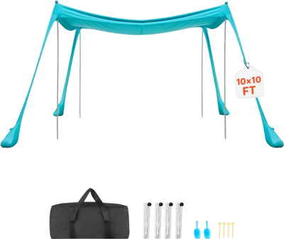 VEVOR Beach Tent Sun Shelter, UPF50+ Sun Protection, 6.6 ft Tall, 10 x 10 ft, Easy Pop Up Beach Canopy with Sandbags, Stability Poles, Sand Shovels, Portable Shade for Family Outings, Camping, Fishing