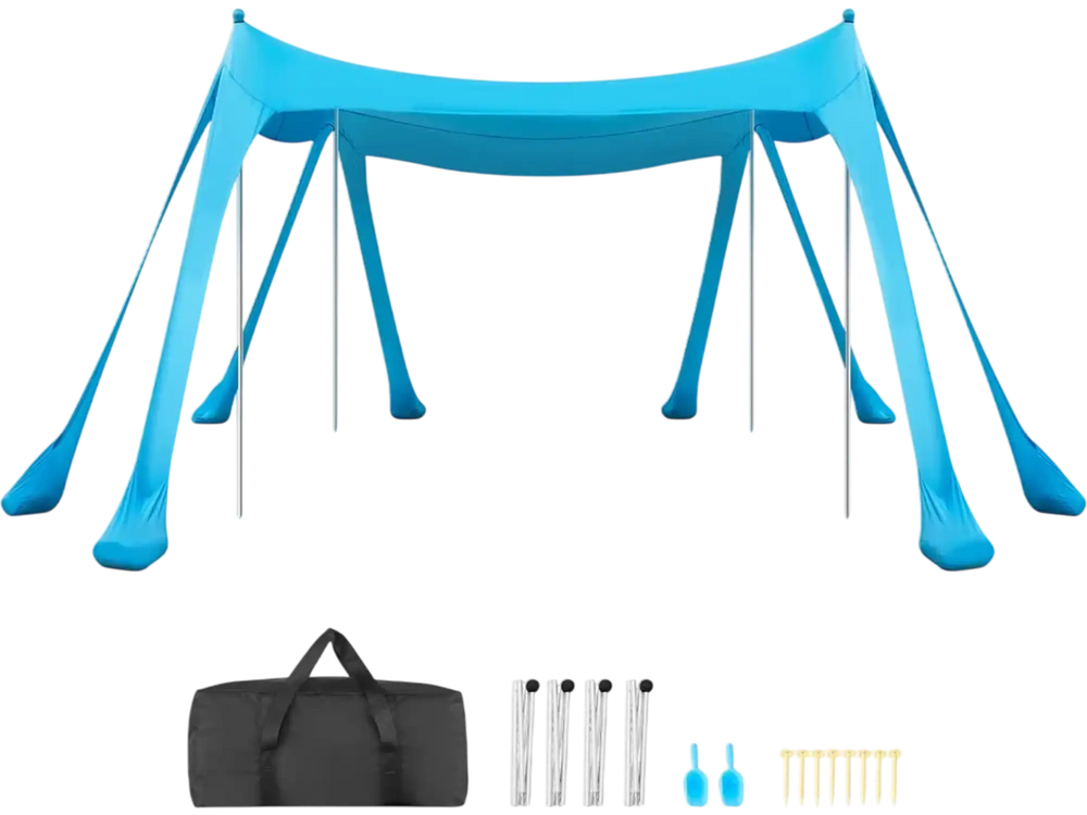 VEVOR Beach Tent Sun Shelter, UPF50+ Sun Protection, 6.6 ft Tall, 10 x 10 ft, Easy Pop Up Beach Canopy with Sandbags, Stability Poles, Sand Shovels, Portable Shade for Family, Camping, Fishing, Blue