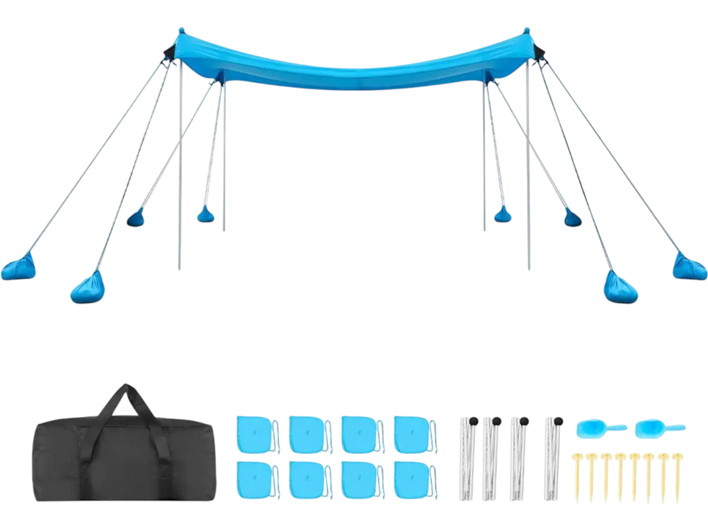 VEVOR Beach Tent Sun Shelter, UPF50+ Sun Protection, 6.6 ft Tall, 10x10 ft, Easy Pop Up Beach Canopy with 8 Sandbags, Stability Poles, Sand Shovels, Portable Shade for Family Outings, Camping, Fishing