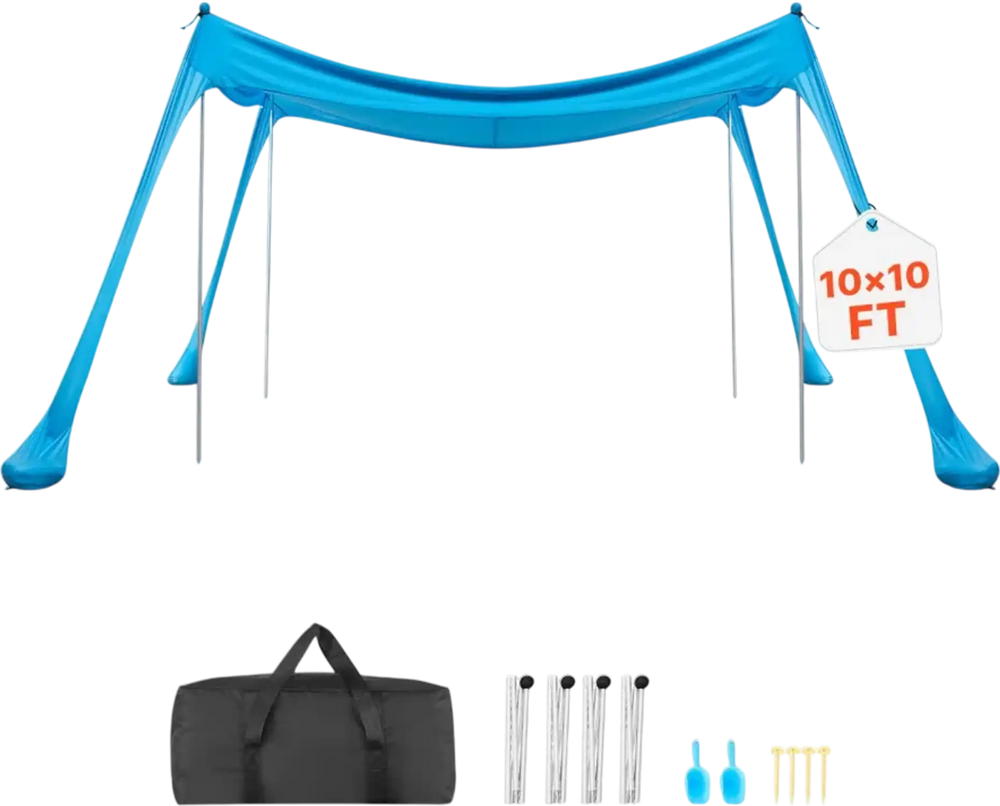 VEVOR Beach Tent Sun Shelter, UPF50+ Sun Protection, 6.6 ft Tall, 10x10 ft, Easy Pop Up Beach Canopy with 4 Sandbags, Stability Poles, Sand Shovels, Portable Shade for Family Outings, Camping, Fishing