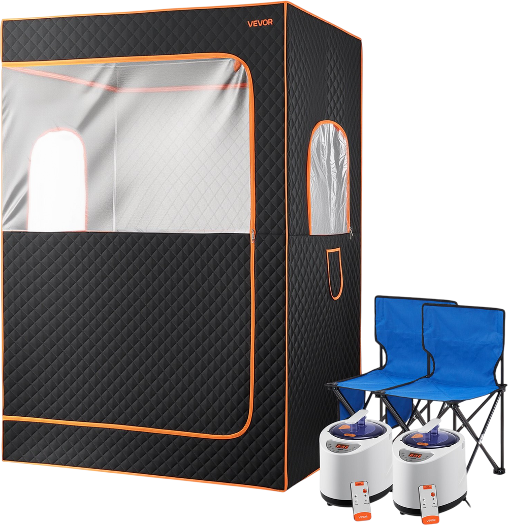 VEVOR Upgraded Portable Steam Sauna for Home, 2 Person Full Body Home Spa Tent with Steamer & 2 Foldable Chairs & Remote & 2 Essential Oil Boxes,Heavy-Duty Stainless Steel Frame Sauna Box, (Black)
