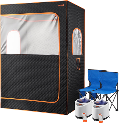 VEVOR Upgraded Portable Steam Sauna for Home, 2 Person Full Body Home Spa Tent with Steamer & 2 Foldable Chairs & Remote & 2 Essential Oil Boxes,Heavy-Duty Stainless Steel Frame Sauna Box, (Black)
