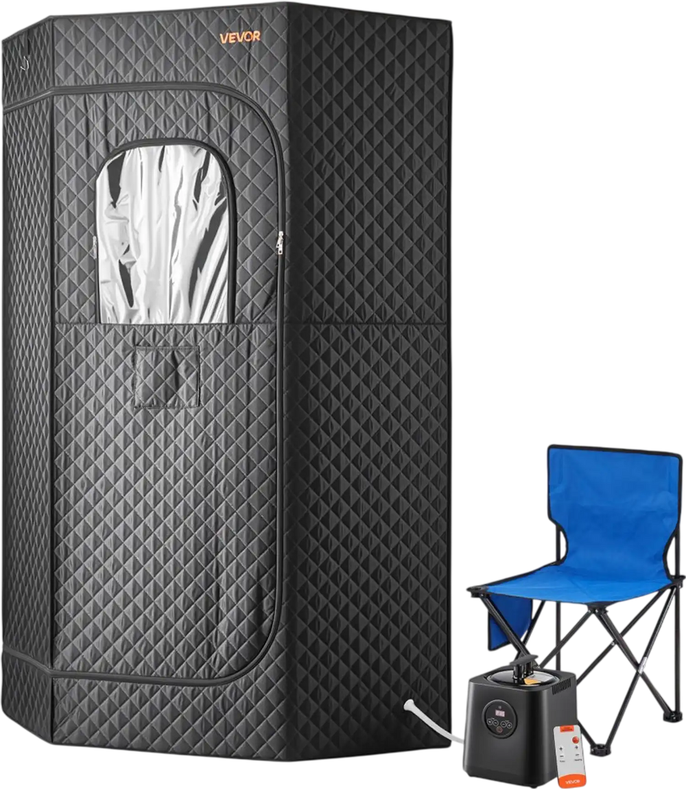 VEVOR Upgraded Portable Steam Sauna for Home, 1 Person Full Body Home Spa Tent with Steamer & 1 Foldable Chairs & Remote & Essential Oil Box,Heavy-Duty Stainless Steel Sauna Box, (Black,Pentagon)