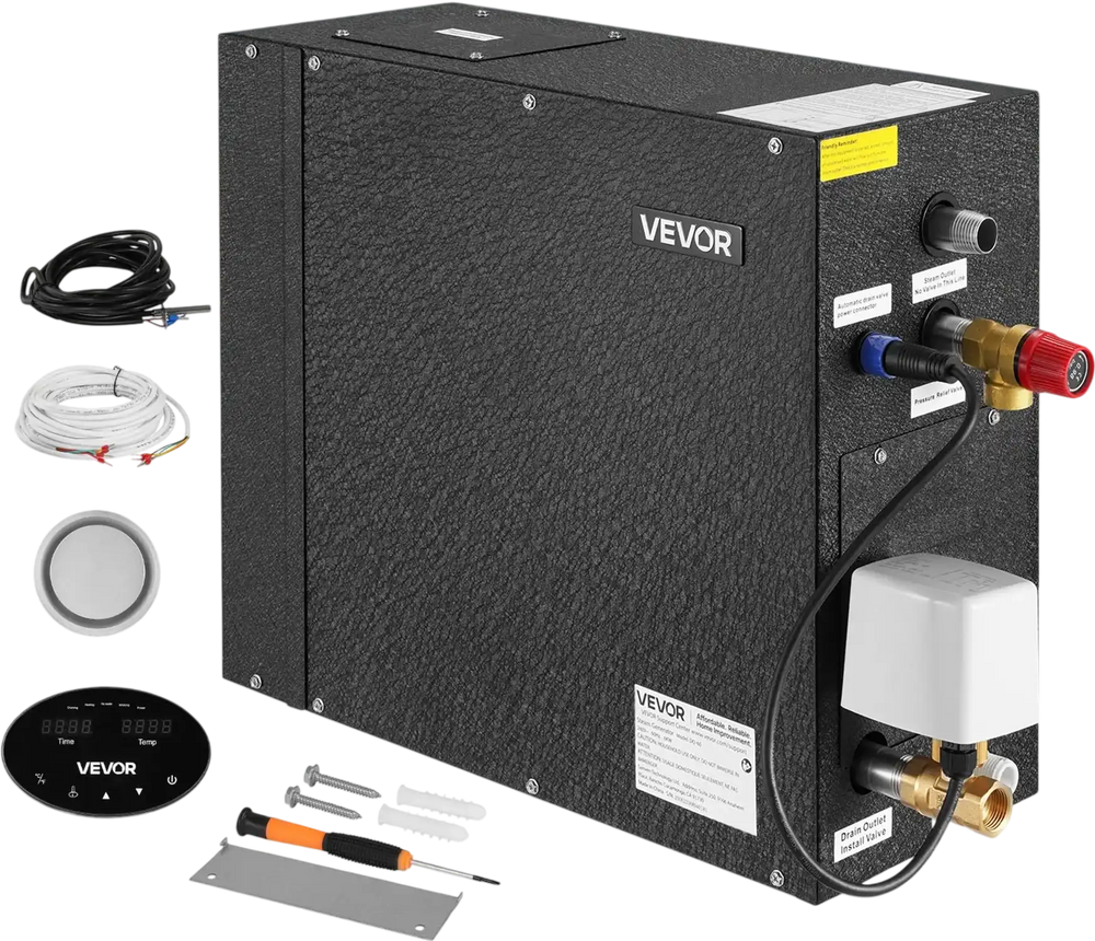 VEVOR Steam Generator, 6 kW Steam Shower System with Controller for Home Sauna Bath Spa, Commercial Auto Drain Kit with Overheat, Dry-Run & Overpressure Protection, 10 Min to 24h Efficient, Black