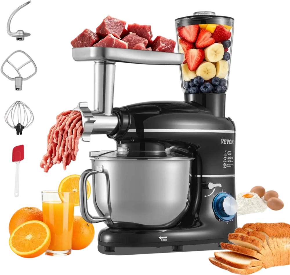 VEVOR 3-in-1 Multifunctional Stand Mixer, 6QT Stainless Steel Bowl, 660W 6+P Speeds Tilt-head Food Mixer with Dough Hook, Wire Whip, Flat Beater, Meat Grinder, Juice Blender, for Baking Mixing, Black
