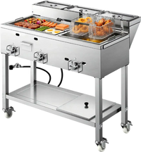 VEVOR Outdoor Propane Fryer & Griddle Combo, 3 Burners (11,600 BTU Each), Commercial Stainless Steel Frying Cart with Wheels, 2 Fryer Baskets & 3 Food Pans, for Hot Dogs, Fried Chicken, Fries, Meats