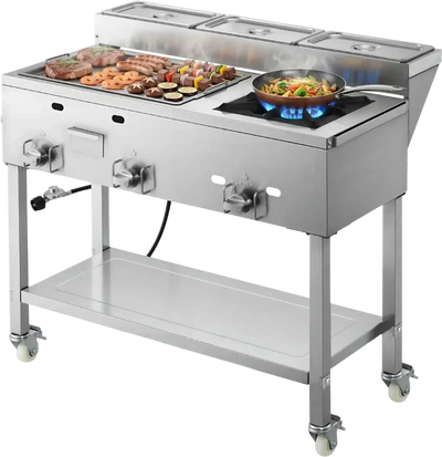 Vevor Griddle Outdoor Propane 3-Burner Stainless Steel Cart with Food Pans and Wheels New