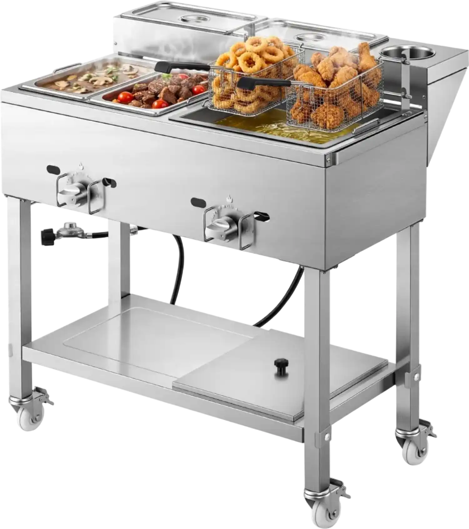 Vevor Fryer Cart Outdoor Propane Deep Fryer with 2 Burners and Food Warming Pans New