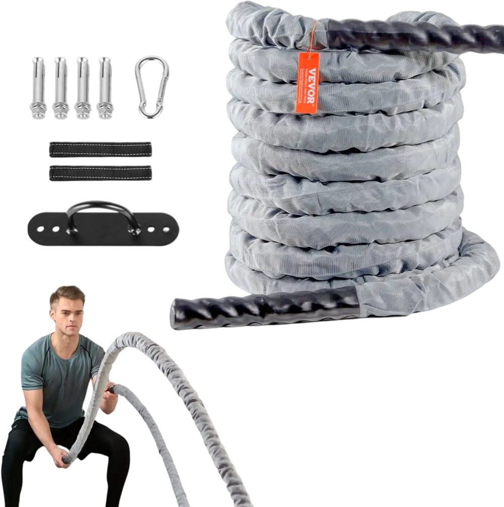 VEVOR Battle Rope, 1.5 Inch Diameter 30Ft Length Polyester Exercise Rope, Battle Exercise Equipment with Protect Sleeve & Anchor, Heavy Weighted Rope for Home Gym Workout Core Strength Training, Gray