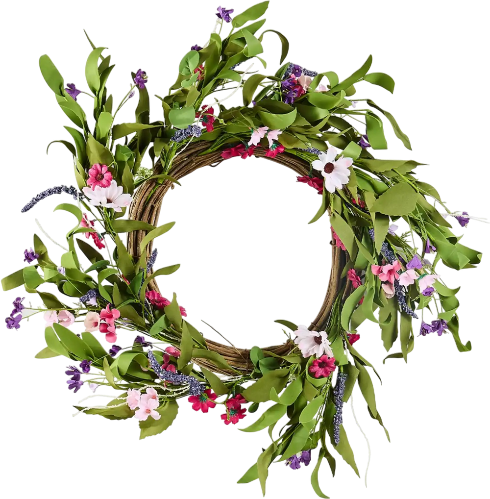 VEVOR Artificial Decorative Wreath, 22 in, Pink Green, Decorated with Daisies, Babysbreath, Buds, Year Round Wreath for All Seasons Indoor and Outdoor Home Wall Window Festival Wedding Decorations