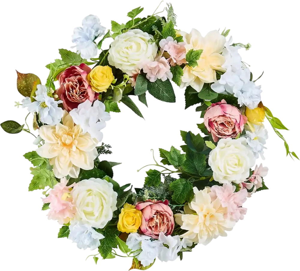 VEVOR Artificial Decorative Wreath, 24 in, White Pink Yellow, Decorated with Peonies, Hydrangeas, Year Round Wreath for All Seasons Indoor and Outdoor Home Wall Window Festival Wedding Decorations