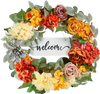 VEVOR Artificial Decorative Wreath, 24 in, Red Orange Yellow, Decorated with Hydrangeas, Roses, Wooden Sign, Year Round Wreath for All Seasons Indoor and Outdoor Home Wall Window Festival Decorations