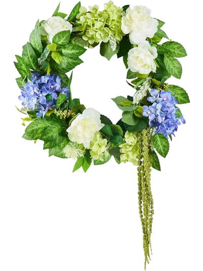 VEVOR Artificial Decorative Wreath, 23 in, Blue White Green, Decorated with Hydrangeas, Roses, Berries, Vines, Year Round Wreath for All Seasons Indoor and Outdoor Home Wall Window Festival Decor
