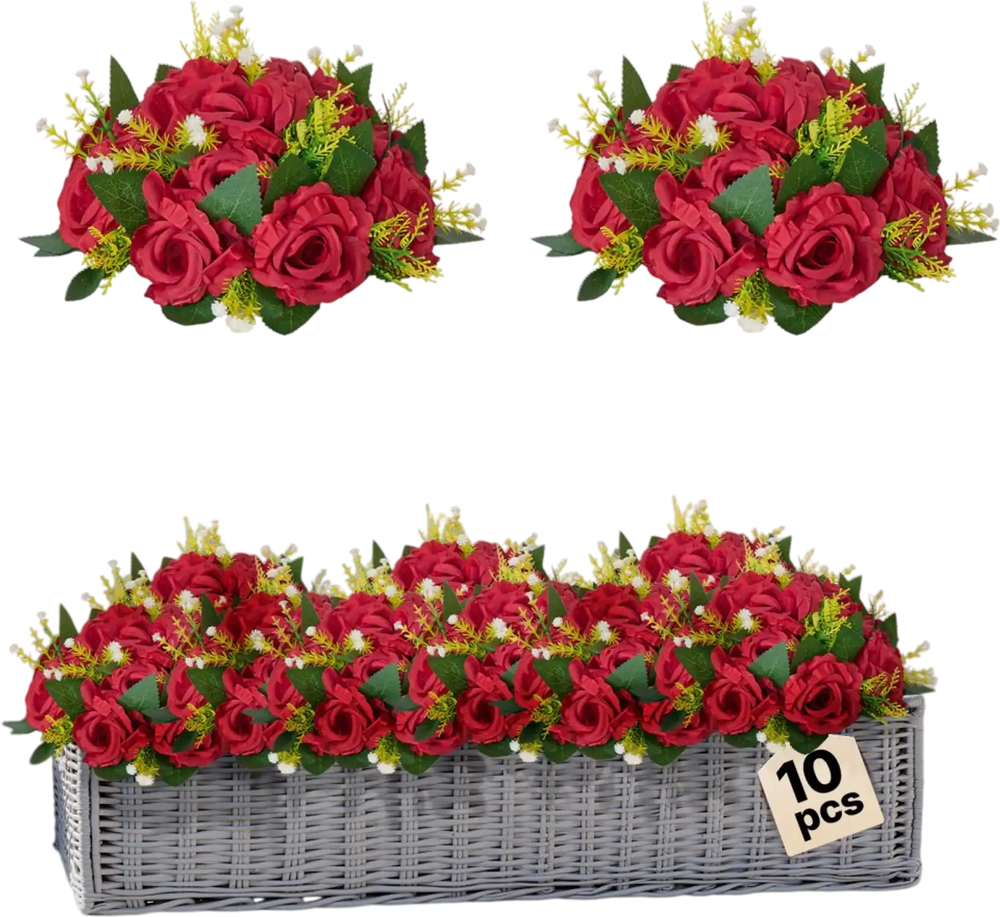 VEVOR Flower Balls Arrangement Bouquet 10 PCS, 9.5-Inch Wedding Red Roses Centerpieces, Fake Flowers Kissing Balls Decor Artificial Floral Arrangements Flower Bouquet for Home Party Table Decorations