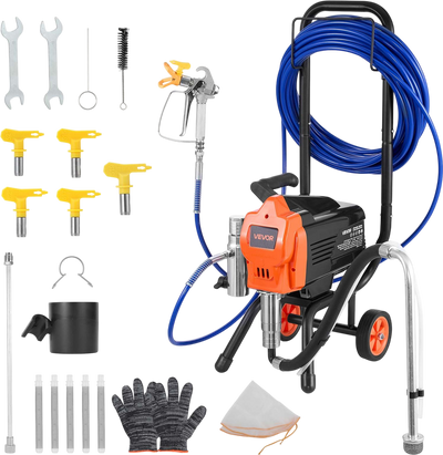 VEVOR Stand Airless Paint Sprayer, 1500W, 3300PSI High Pressure Airless Sprayer with Cart, Cleaning Brush, Hose, Extension Rod, Nozzles, Electric Spray Paint Machine for Large Apartments, Buildings