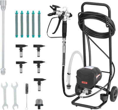 VEVOR Stand Airless Paint Sprayer, 650W, 3000PSI High Pressure Airless Sprayer with Cart, Cleaning Brush, Hose, Extension Rod, Nozzles, Electric Spray Paint Machine for House Exterior and Interior
