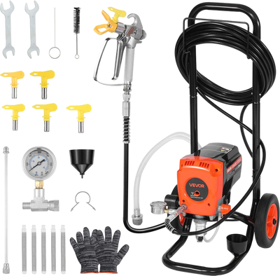 VEVOR Stand Airless Paint Sprayer, 900W, 3300PSI High Pressure Airless Sprayer with Cart, Cleaning Brush, Hose, Extension Rod, Nozzles, Electric Spray Paint Machine for Interior or Exterior of House