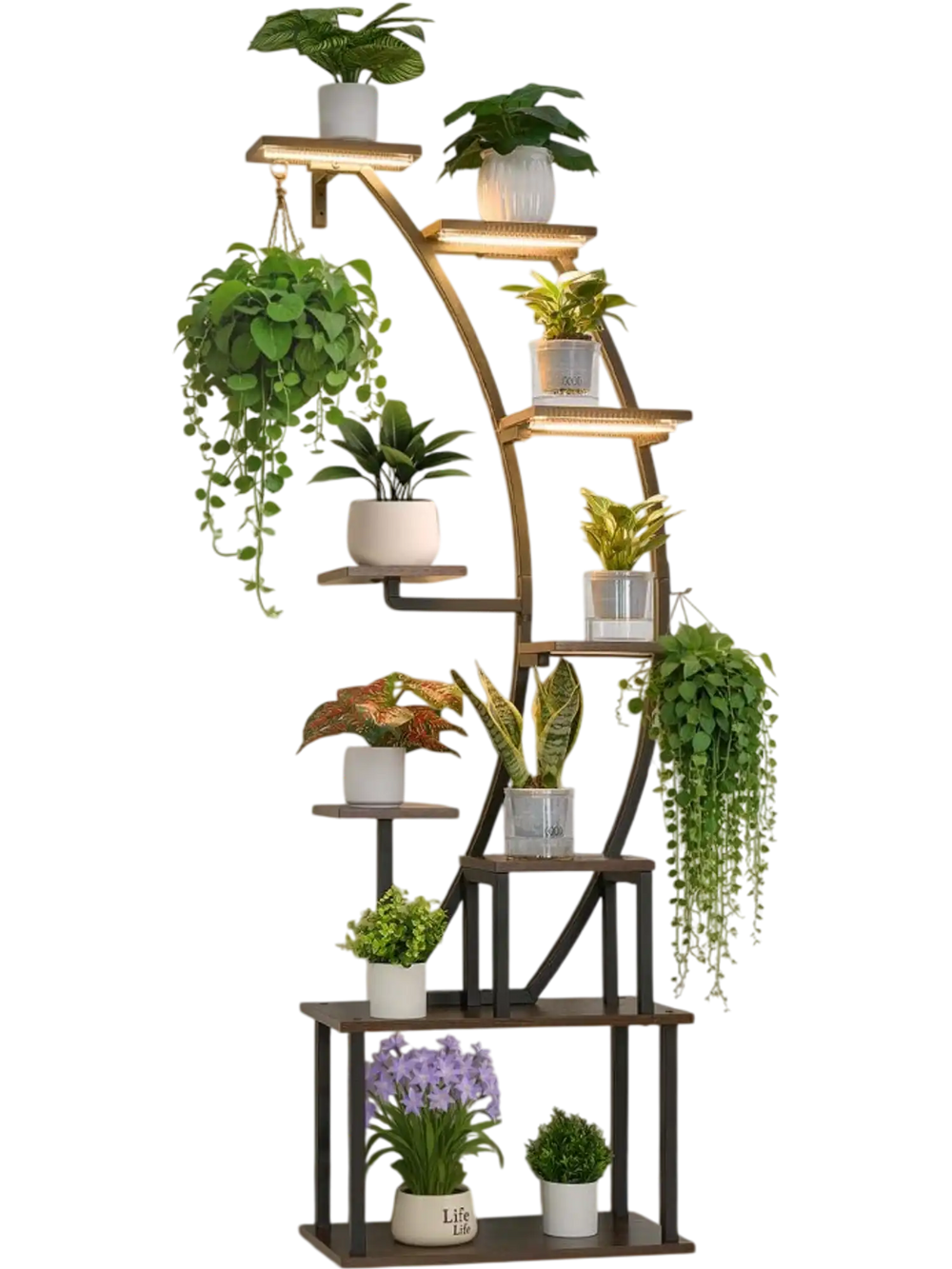 VEVOR Plant Stand Indoor with Grow Lights, 63 in Tall 9-Tier Lighted Plant Shelf, Metal Corner Plants Holder, 3 Timer & 10 Brightness, Curve-Shaped Flower Display Rack for Living Room Balcony Decor