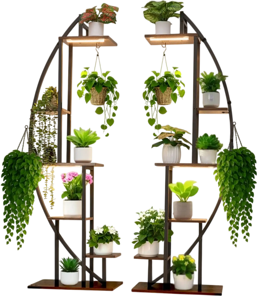 VEVOR Plant Stand Indoor with Grow Lights, 63 in Tall 6-Tiered Lighted Plant Shelf, 2 Pack Metal Corner Plants Holder, 3 Timer & 10 Brightness, Half-Moon Shaped Flower Display Rack for Living Room