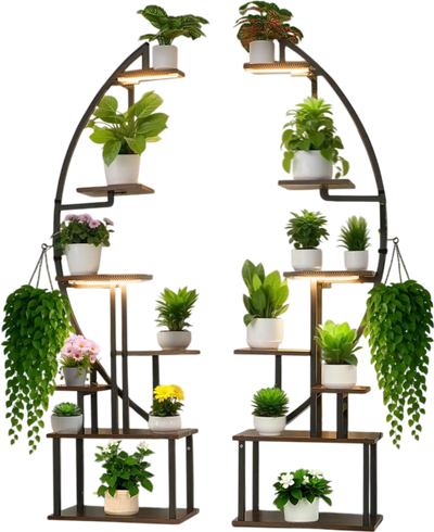 VEVOR Plant Stand Indoor with Grow Lights, 65.5 in Tall 7-Tiered Lighted Plant Shelf, 2 Pack Metal Corner Plants Holder, 3 Timer & 10 Brightness, Half-Moon Shaped Flower Display Rack for Living Room