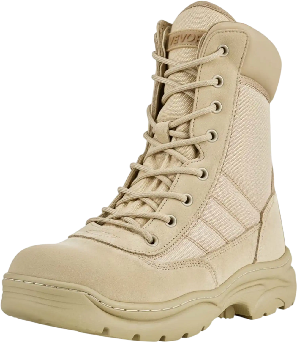 VEVOR Men's Military Tactical Boots, 8 inch Combat Hiking Work Boots, Lightweight & Breathable Side Zipper Motorcycle Interceptor Trooper Boot, for Outdoor Security, US Size 9 Sand-colored