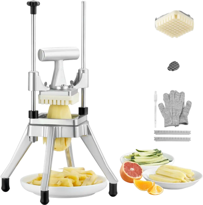 VEVOR Commercial Vegetable Fruit Chopper 3/8″ Blade Heavy Duty Professional Food Dicer Kattex French Fry Cutter Onion Slicer Stainless Steel for Tomato Peppers Potato Mushroom, Sliver