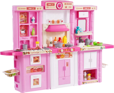 Vevor Kitchen Playset 3-in-1 Kids Pretend Cooking Toy with 74-Pc Accessories Pink New