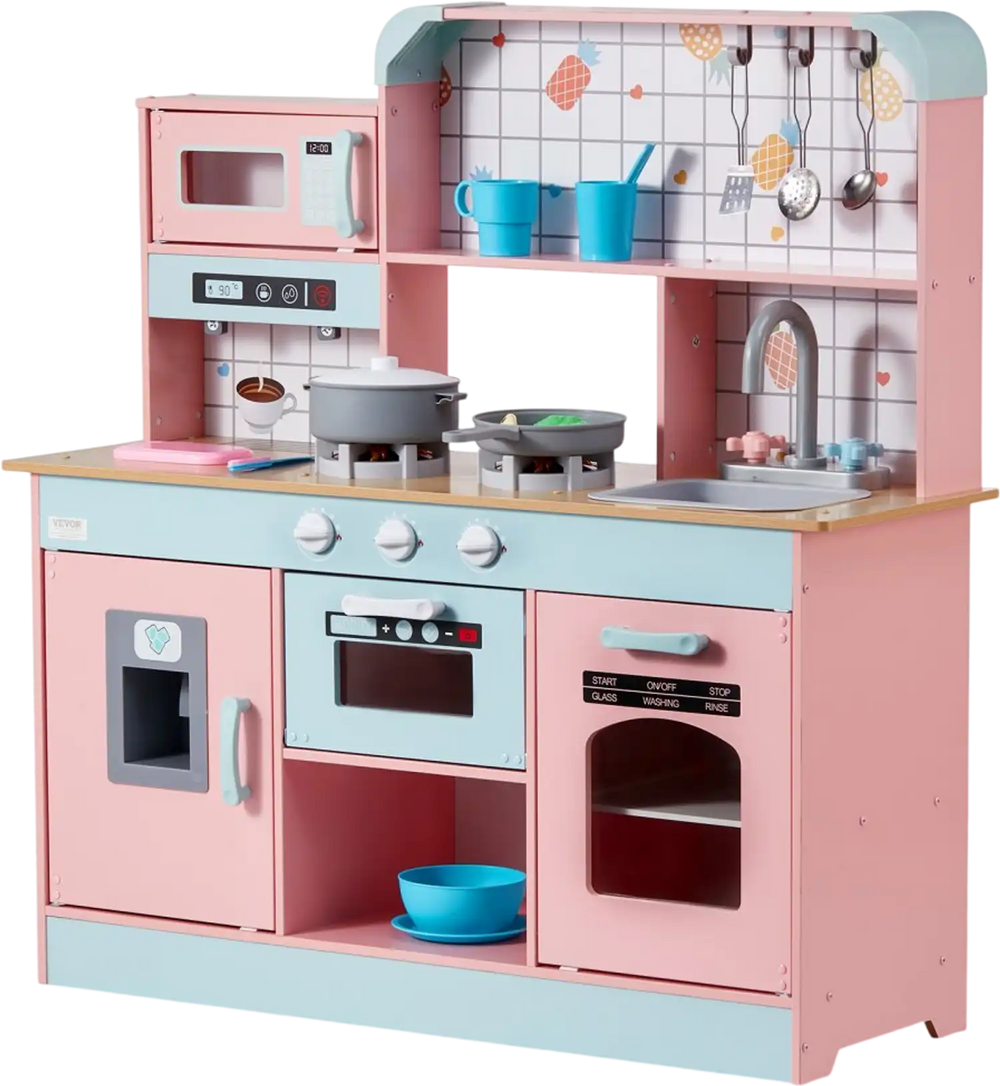 VEVOR Play Kitchen for Kids, Wooden Toy Kitchen Set with Lights and Sounds, Toddler Kitchen with Ice Maker, Oven, Sink, Microwaves, Fridge and Utensil and Fruit Accessory for Toddlers ages 3-8,Pink